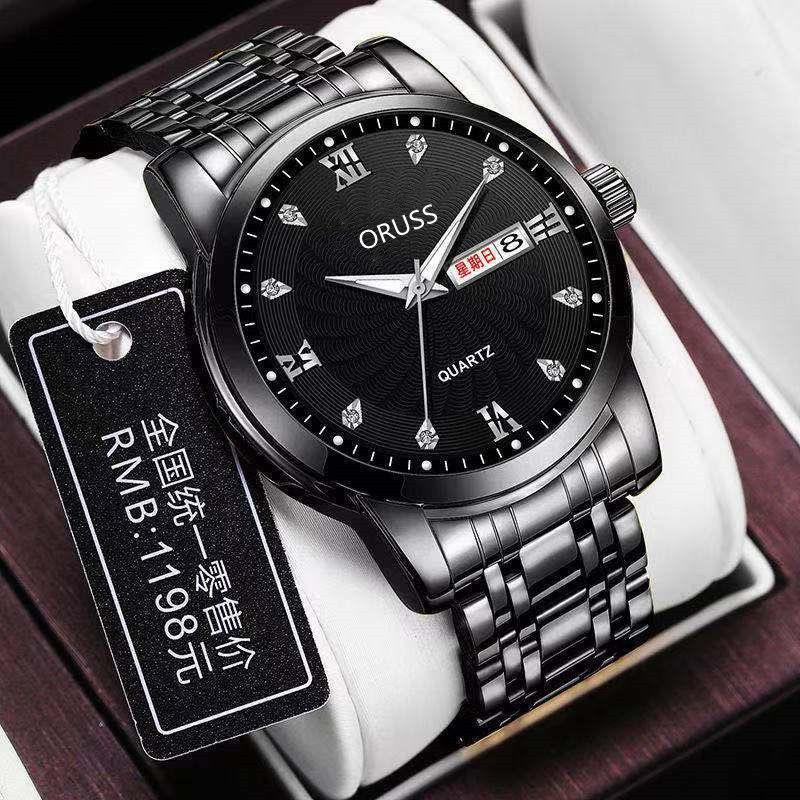 Men's Automatic Night Light Waterproof Watch Stylish Business Steel Strap Quartz Movement round Dial Screw Crown Mineral Glass