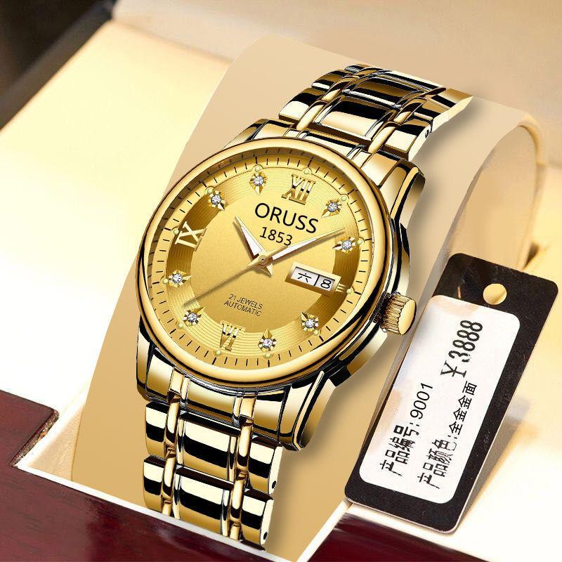 Men's Automatic Night Light Waterproof Watch Stylish Business Steel Strap Quartz Movement round Dial Screw Crown Mineral Glass