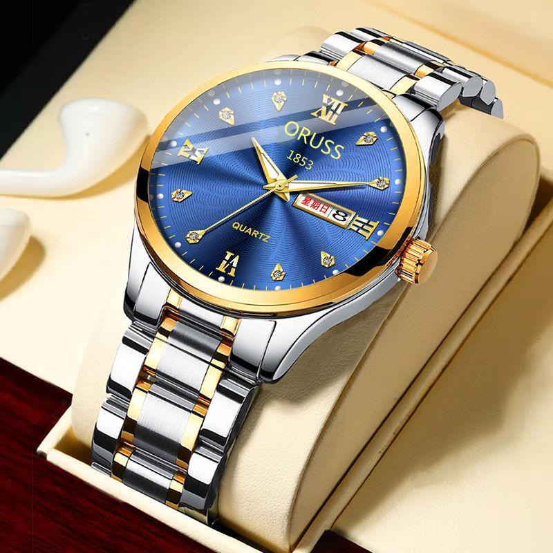 Men's Automatic Night Light Waterproof Watch Stylish Business Steel Strap Quartz Movement round Dial Screw Crown Mineral Glass