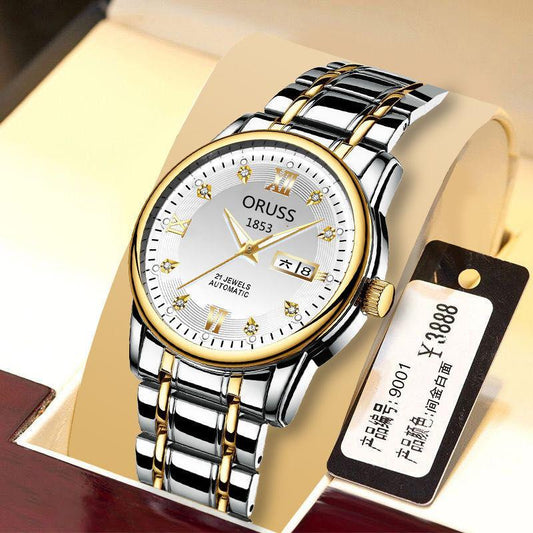 Men's Automatic Night Light Waterproof Watch Stylish Business Steel Strap Quartz Movement  round Dial Screw Crown Mineral Glass